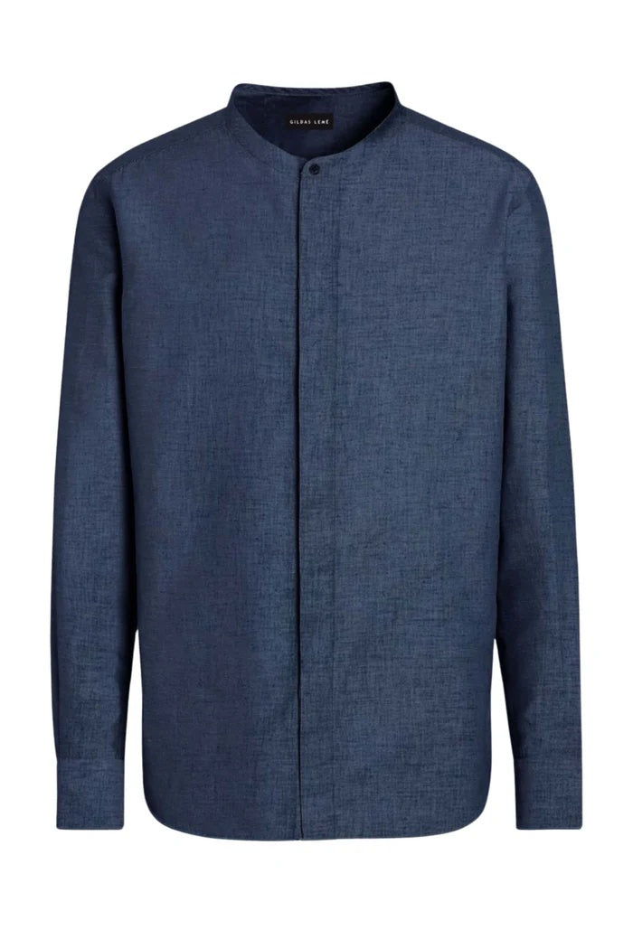 Luxurious Linen Mandarin Collar Shirt - Navy