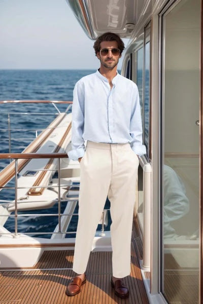 Luxurious Linen Mandarin Collar Shirt - Light Blue