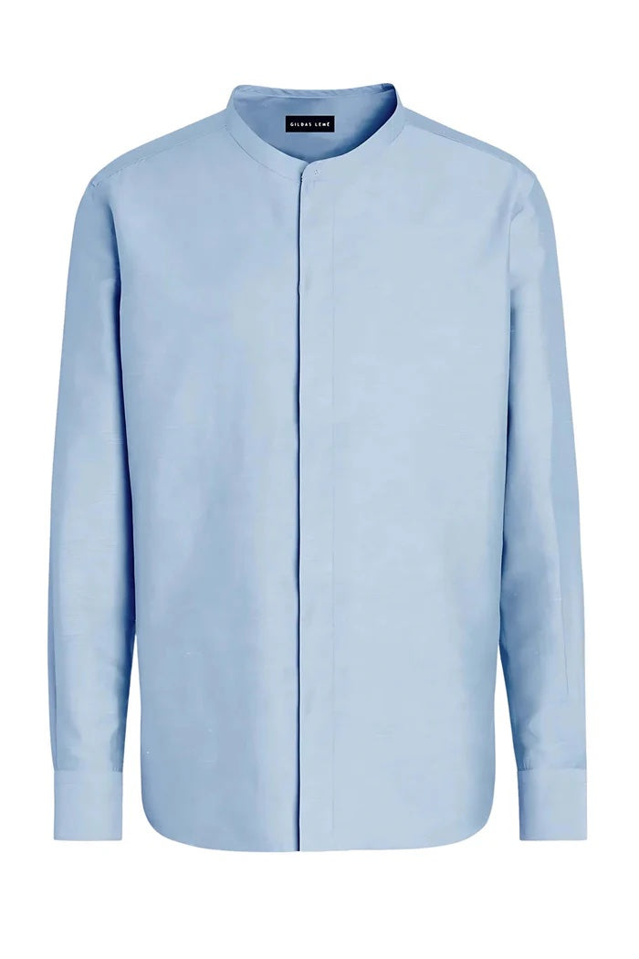 Luxurious Linen Mandarin Collar Shirt - Light Blue