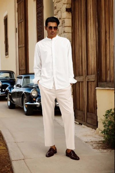 Luxurious Linen Mandarin Collar Shirt - White