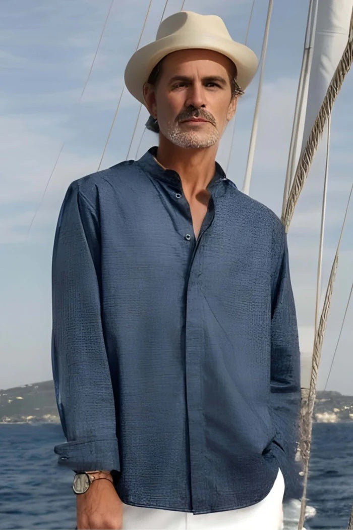 Luxurious Linen Mandarin Collar Shirt - Navy