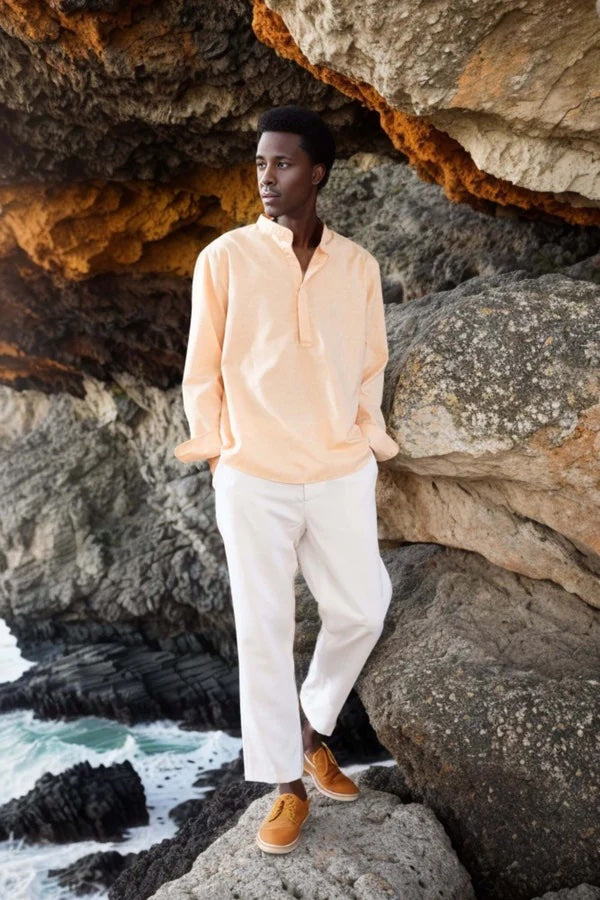 Tet Linen Mandarin Collar Shirt - Golden Orange