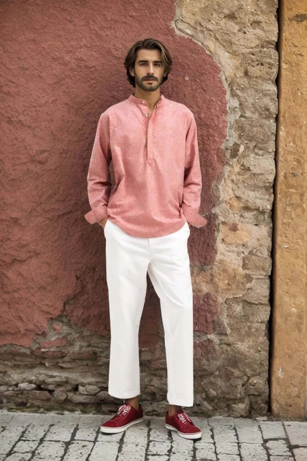 Tet Linen Mandarin Collar Shirt - Red Brick